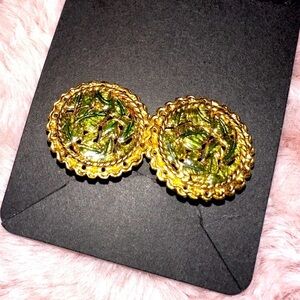 St. John women’s circle gold tone green leaf clip on earrings
